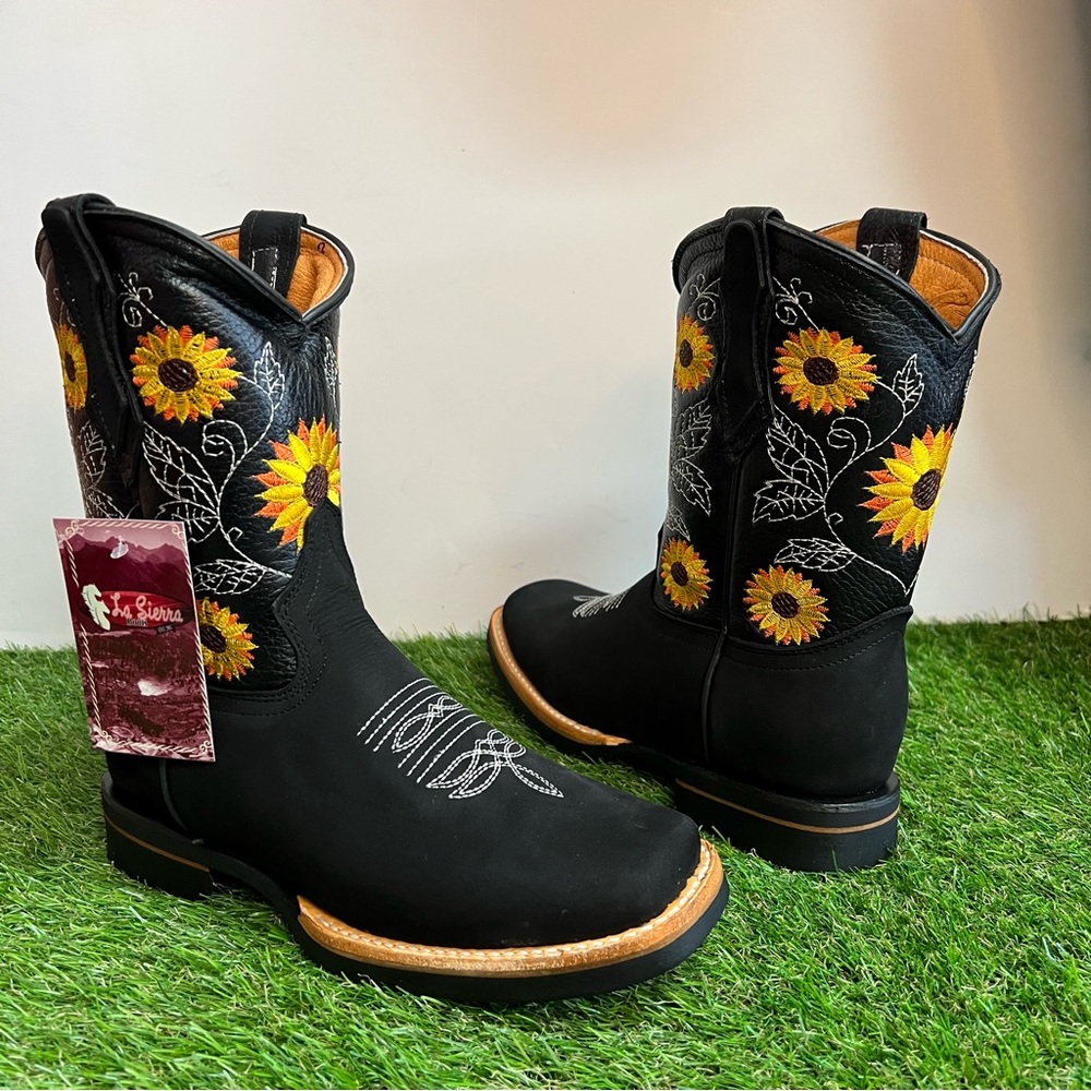 WOMEN'S WESTERN RODEO COWGIRL LEATHER BOOTS SUNFLOWER BLACK BOTA Vaquera Girasol